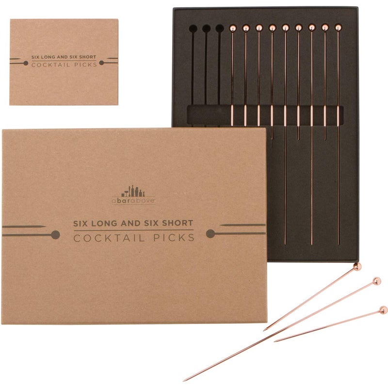 A Bar Above Antique Copper Cocktail Picks, 12 Reusable Metal Drink Garnish Sticks for Appetizers, Shrimp Cocktail, and Bloody Mary Skewers, 8-Inch Stainless Steel Stir Picks Combo - Image 1